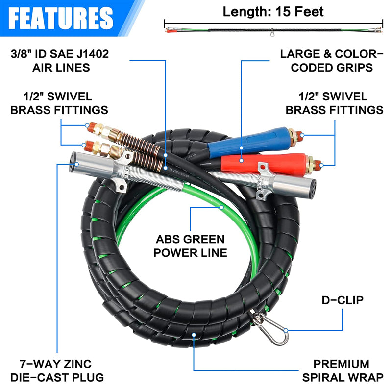 13.5ft 3 in 1 ABS & Power Air Line Hose Wrap 7 Way Electrical Cable for Semi Truck Trailer Tractor